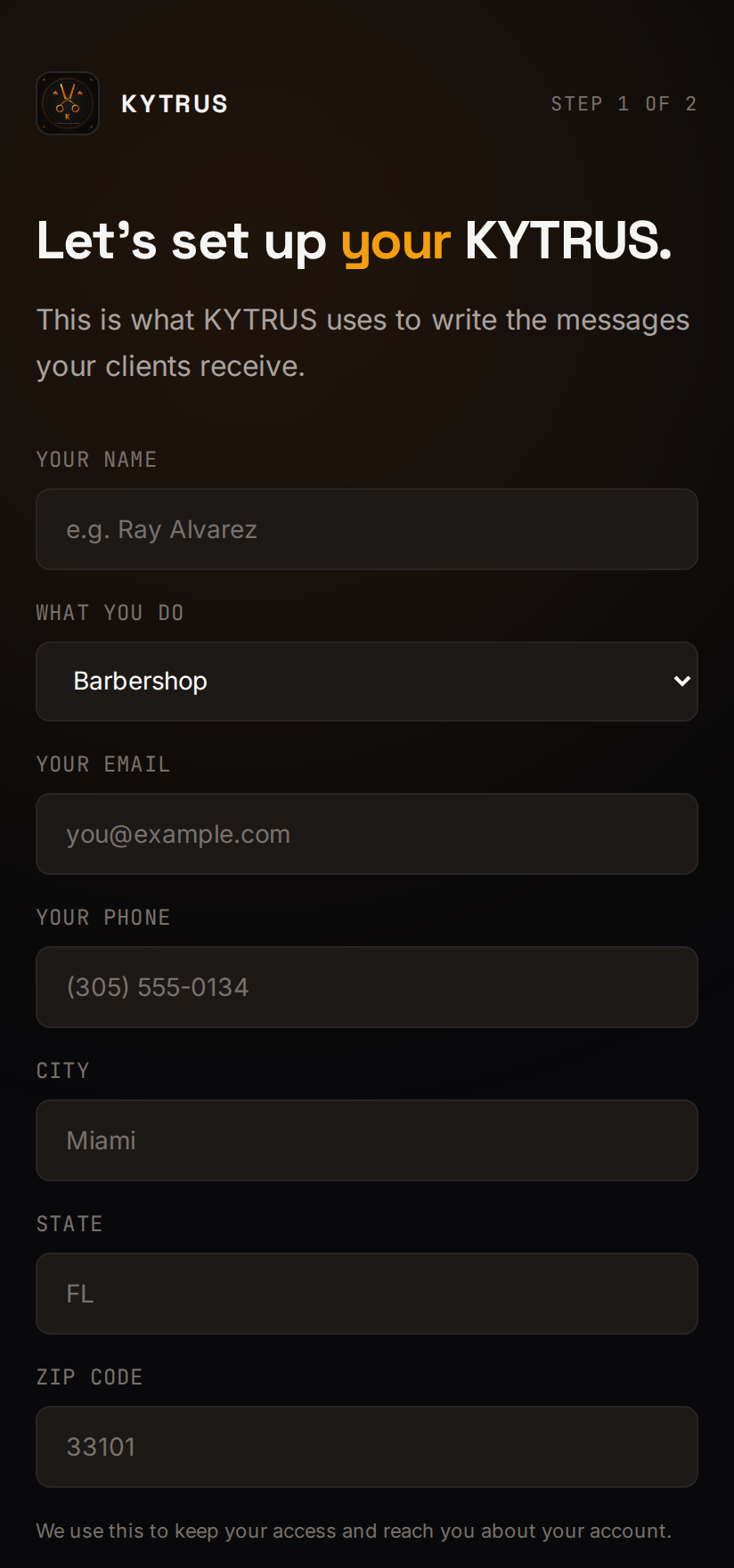 KYTRUS onboarding on a phone